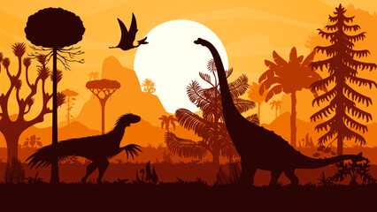 Giant prehistoric dinosaurs silhouettes vector background with trees, mountains and setting sun. Titanosauria, quetzalcoatlus and therizinosaurus dinosaur animal silhouettes in jungle forest at sunset © Vector Tradition