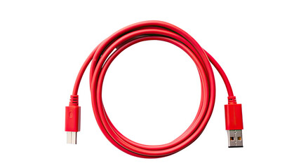 A coiled red USB cable on a black background.