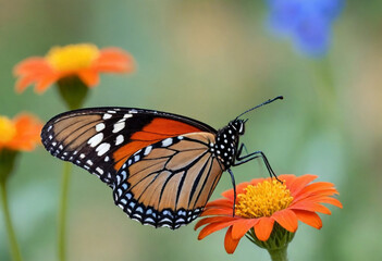 monarch butterfly, vibrant orange wings, black veins, white spots, yellow flowers, green leaves, soft focus background, macro photography, detailed wings, nature close-up, delicate insect, pollinator,