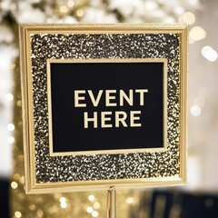 Elegant Event Sign:  A gold-framed sign with black background, with "EVENT HERE" written in gold, perfect for marking an exclusive event or celebration.  