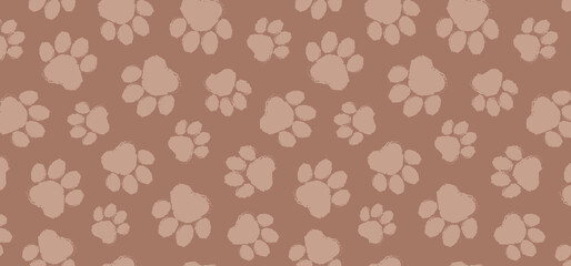 Paw print seamless pattern mocha mousse colors, cat, dog foot, animal step background. Bear, panda, tiger stamp. Cartoon grunge texture. Trendy colour 2025 year. Vector illustration