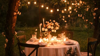 Romantic Garden Dinner: A magical outdoor dining experience under twinkling fairy lights, adorned with elegant floral arrangements and soft candlelight.