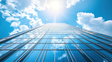 Fototapeta premium Modern Glass Skyscraper with bright blue sky background, sun shining brightly. Low angle