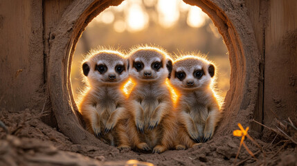 A group of meerkats huddling together in the warmth of the early morning sun