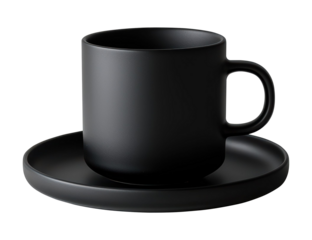 Minimalist black ceramic mug with a matching saucer, featuring a sleek matte finish and modern design for stylish beverage presentation. Isolated on transparent background, png.