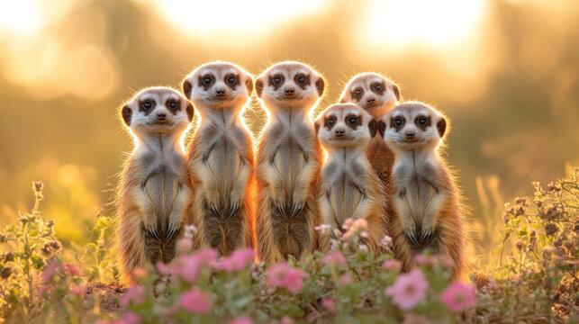 A group of meerkats huddling together in the warmth of the early morning sun - Powered by Adobe