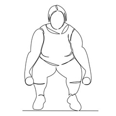 One continuous single drawing line art flat doodle woman, overweight, fat, fitness, sport, workout. Isolated image hand draw contour on a white background
