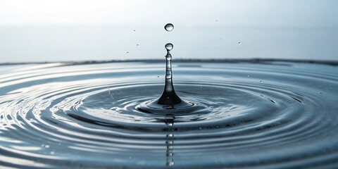 Single ink drop splashing into a pool of calm water, creating a concentric circle pattern and gentle ripples, movement, serenity, reflection, circular pattern