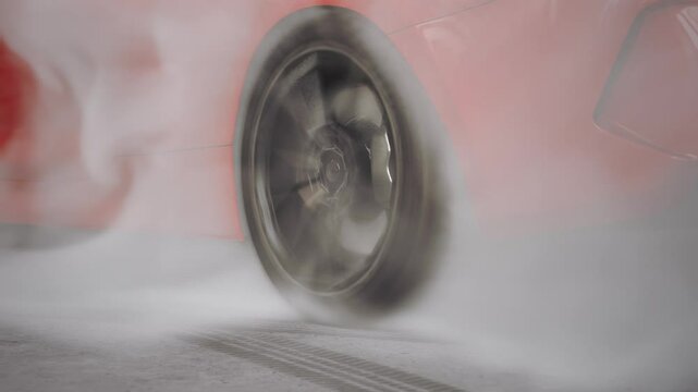 3D render of a red sports car&rsquo;s rear tire spinning on an asphalt track. Smoke billows as the tire rotates, capturing the intense motion and energy of a burnout in stunning detail.
