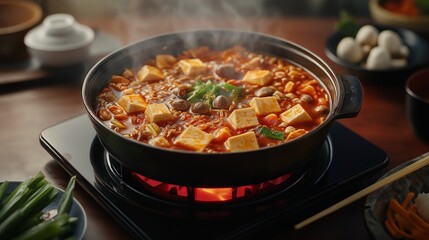 A steaming pot of flavorful stew with tofu, vegetables, and spices, served on a wooden table with garnishes.