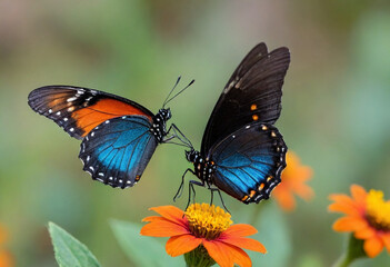 Fototapeta premium Monarch butterfly, vibrant orange wings, black veins, white spots, yellow flowers, green leaves, soft focus background, macro photography, detailed wings, nature close-up, delicate insect, pollinator,