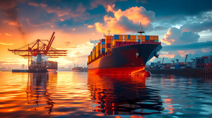 A large container ship in the middle of a body of water