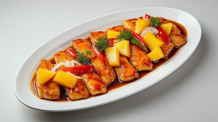 A vibrant dish featuring tender fish fillets glazed in a savory sauce, topped with fresh pineapple and red peppers, served on an elegant platter.