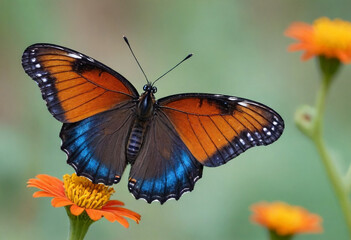 Fototapeta premium Monarch butterfly, vibrant orange wings, black veins, white spots, yellow flowers, green leaves, soft focus background, macro photography, detailed wings, nature close-up, delicate insect, pollinator,