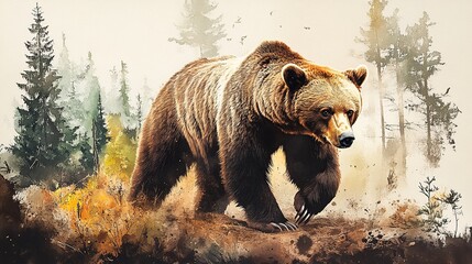 watercolor image of brown bear walking in the woods, poster art decoration