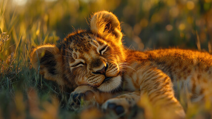 A lion cub nuzzling against its mother in the tall grass of the savanna