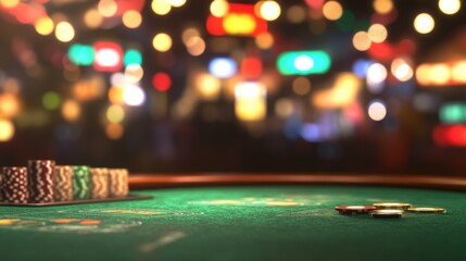 A casino table with a blurry background and shining lights on it, coins and bets on the table