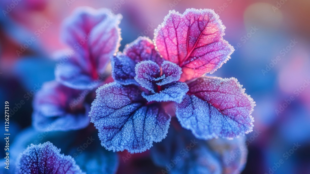 Poster Frost Covered Purple Leaves Glimmering In Winter Light