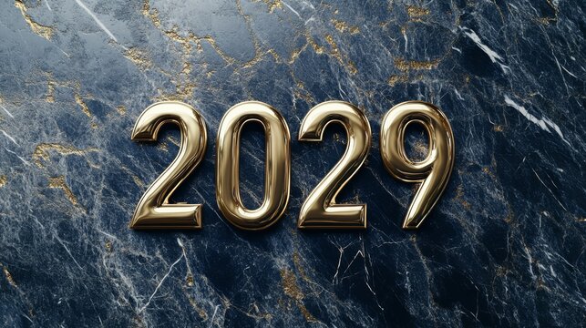 Golden 2029:  A gleaming metallic gold 2029 stands out against a backdrop of elegant blue and gold marble,  evoking anticipation and a sense of anticipation for the future.