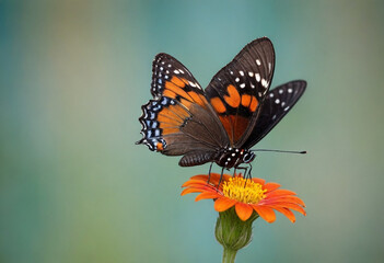 Obraz premium Monarch butterfly, vibrant orange wings, black veins, white spots, yellow flowers, green leaves, soft focus background, macro photography, detailed wings, nature close-up, delicate insect, pollinator,