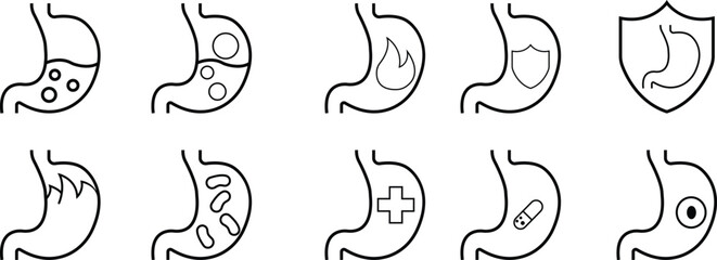 Heartburn black glyph icon set. Stomach ache. Food poisoning. Gastrointestinal problem. Inflammation in organ. Silhouette symbol space. Gastritis and acid reflux indigestion and stomach pain problems.