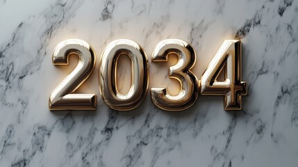 Golden 2034 on Marble: Elegant gold numerals "2034" rest on a sophisticated marble background, signifying the upcoming year with a touch of luxury and anticipation.
