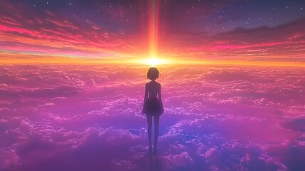 Silhouette of a girl standing on a cloud sea at sunset, with vibrant pink and orange hues and a starry night sky.