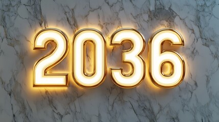 Illuminated Future: 2036 glows brightly in a stylish, illuminated display against a marble backdrop.  The numbers are rendered in a modern, three-dimensional style with a golden trim.