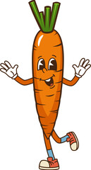 Cartoon groovy carrot vegetable character with cute face, vector funny comic. Funky groovy carrot with smile and happy emotion for funny vegetable food or cheerful veggie emoji in hipster shoes