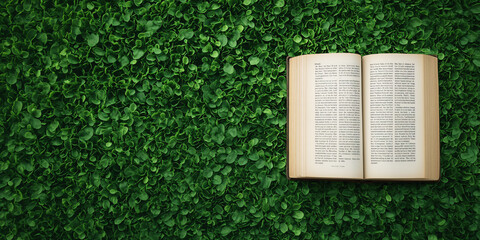 An open book lies on the green grass. The concept of summer walks, working in the park, reading in the fresh air. Template with place for text