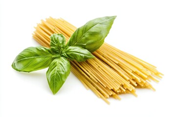 Fresh basil leaves accompany uncooked spaghetti noodles on a white surface in a kitchen setting