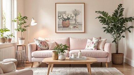 Scandinavian minimalist interior with a pink sofa