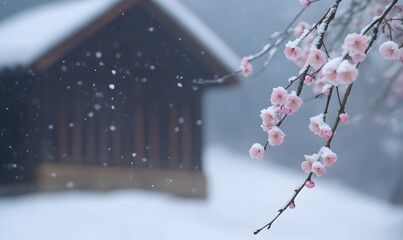 The snow-covered plum blossoms in front of the old house have pink flowers blooming on their branches. Generative AI 