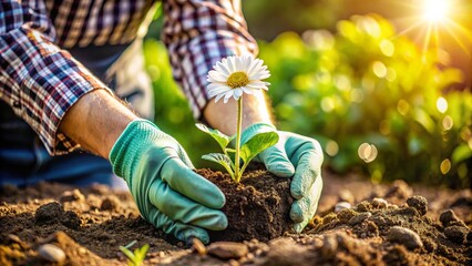 Gardening - Gardener Planting A Daisy In The Soil
