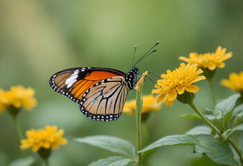Obraz premium Monarch butterfly, vibrant orange wings, black veins, white spots, yellow flowers, green leaves, soft focus background, macro photography, detailed wings, nature close-up, delicate insect, pollinator,