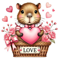 Adorable capybara holding a heart surrounded by flowers. Animal cartoon character.