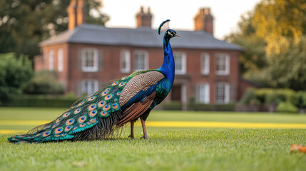 A majestic peacock standing on a manicured lawn with its tail feathers fully displayed