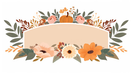 Fototapeta premium Floral Frame with Autumn Elements for Illustrating Seasonal Greetings and Invitations, Featuring Flowers, Leaves, and a Pumpkin Design