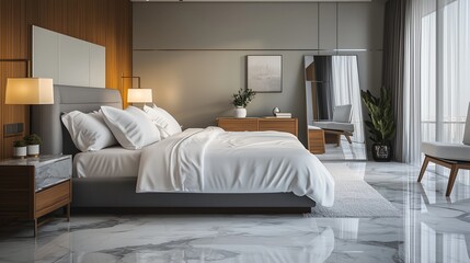 A cozy bedroom featuring a grey king-size bed, white comforter, marble flooring with silver accents, wooden furniture, a modern lamp, and a reflective mirror that enhances the serene space.