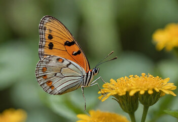 Obraz premium Monarch butterfly, vibrant orange wings, black veins, white spots, yellow flowers, green leaves, soft focus background, macro photography, detailed wings, nature close-up, delicate insect, pollinator,