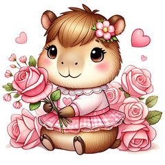 Cute cartoon capybara with flowers, perfect for children's designs. Animal cartoon character.