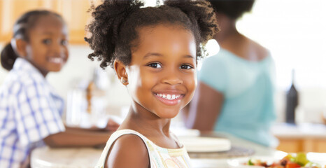 Happy child smiling brightly in a kitchen setting, enjoying a meal with family, showcasing joy, togetherness, and love in a warm home environment.