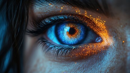 Triangulation control, A close-up of an eye showcasing vibrant blue and orange colors, with a shimmering effect that creates a captivating and surreal visual experience.