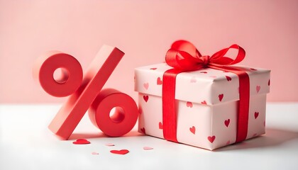 Elegant Platinum and Golden Percent Symbol Beside a New Year Gift on a Brightly Lit White Surface - Perspective View