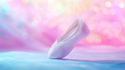 Delicate white slipper, pastel background, dreamy