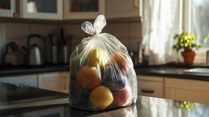 Plastic bag filled with groceries placed on a kitchen counter, showcasing daily life