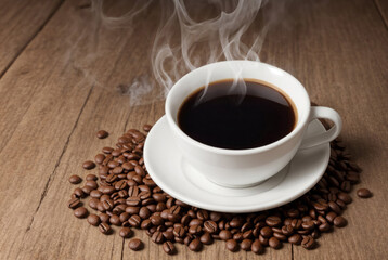 Fototapeta premium Pure black coffee. A cup of espresso coffee on a wooden table with roasted beans. Aroma and flavor of the drink