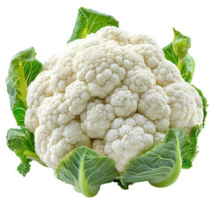 Front view of an extremely perfect-looking single cauliflower head isolated on a white transparent background