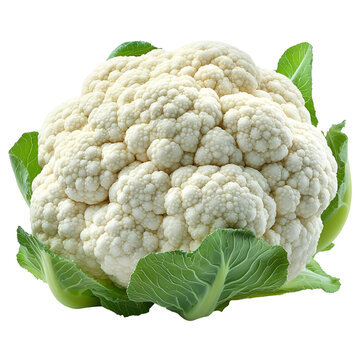 Front view of an extremely perfect-looking single cauliflower head isolated on a white transparent background
