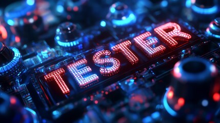 Tester:  The word "Tester" is illuminated in glowing red, set against a futuristic, abstract circuit board backdrop. This image symbolizes the critical role of quality assurance in the digital world.